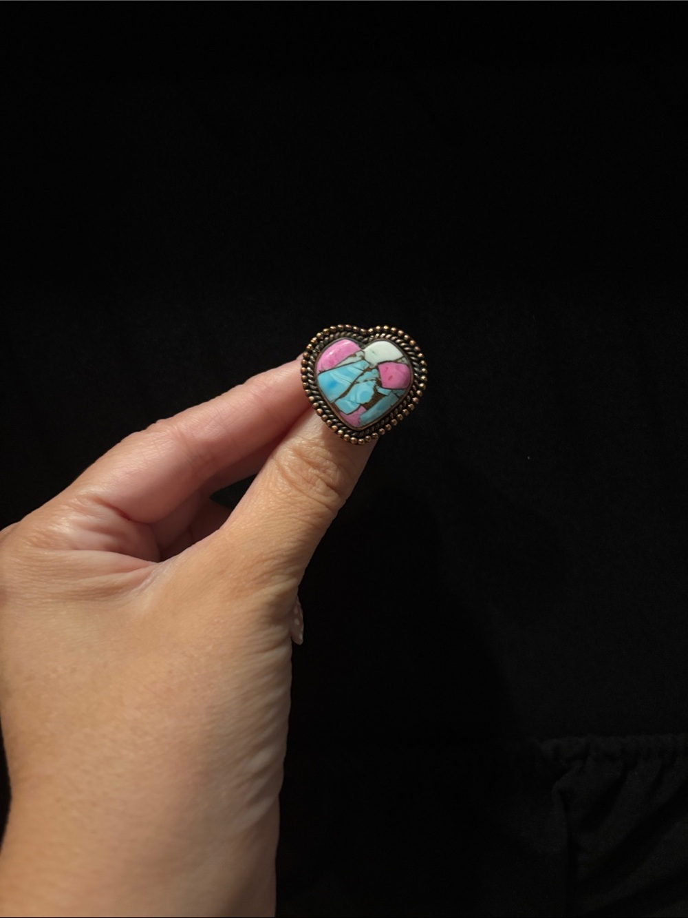 Heart-Shaped Inlay Ring in Pink and Turquoise